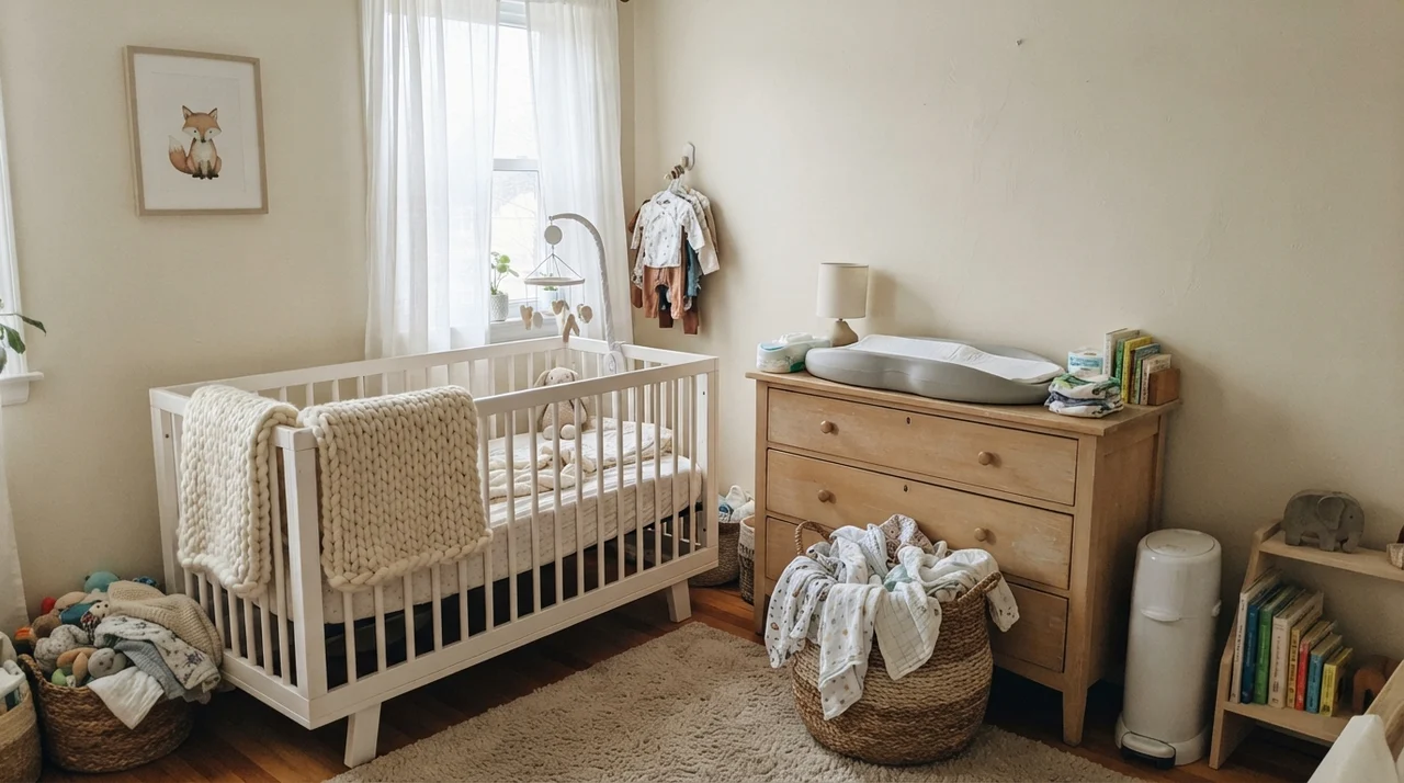 Nursery with Creamy White walls, white crib, and light wood dresser.