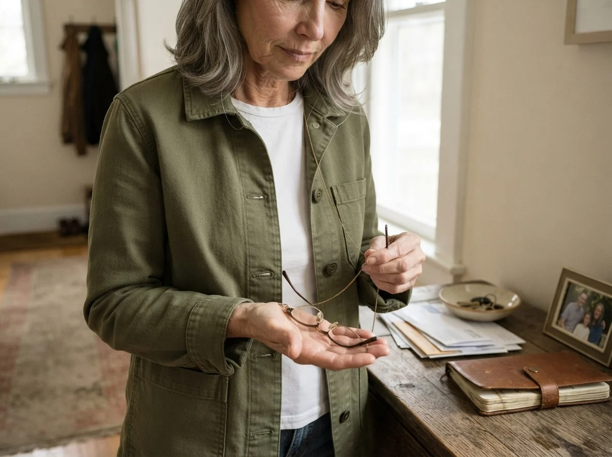 Susan Hartley standing by a console table in an olive-green jacket with Creamy White walls.