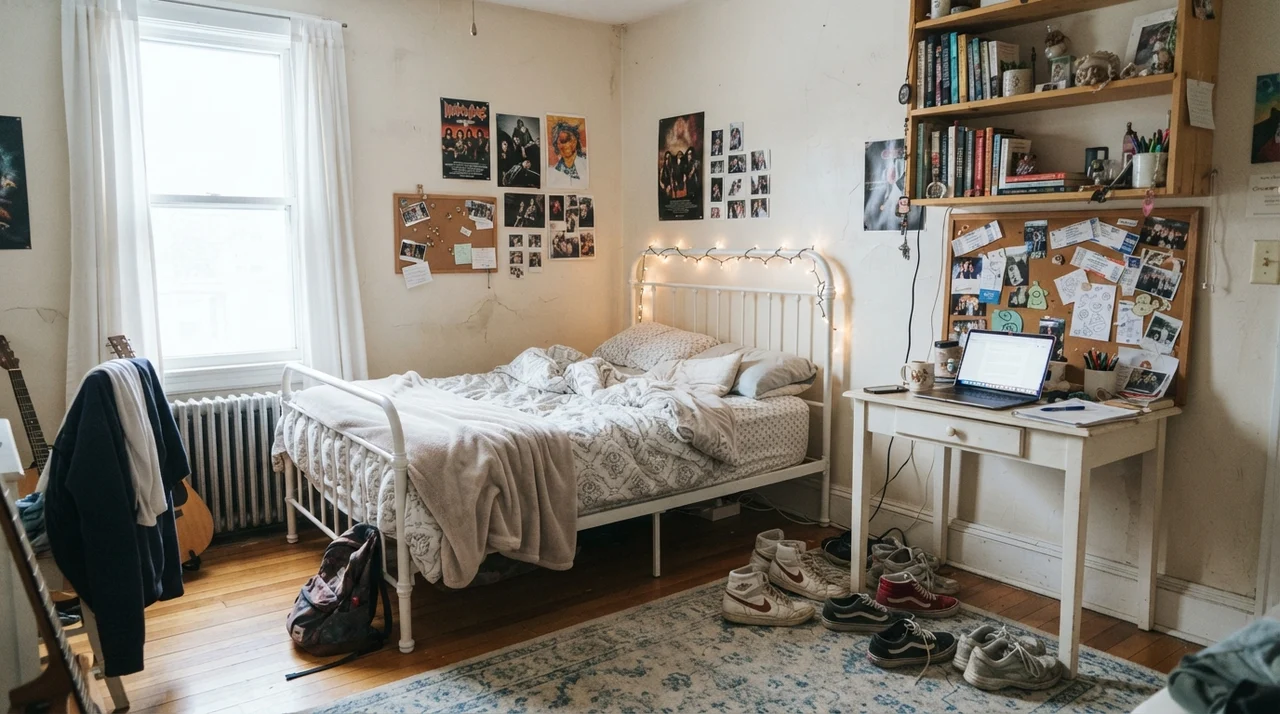Teenager bedroom with Creamy White walls, white metal bed frame, and desk.