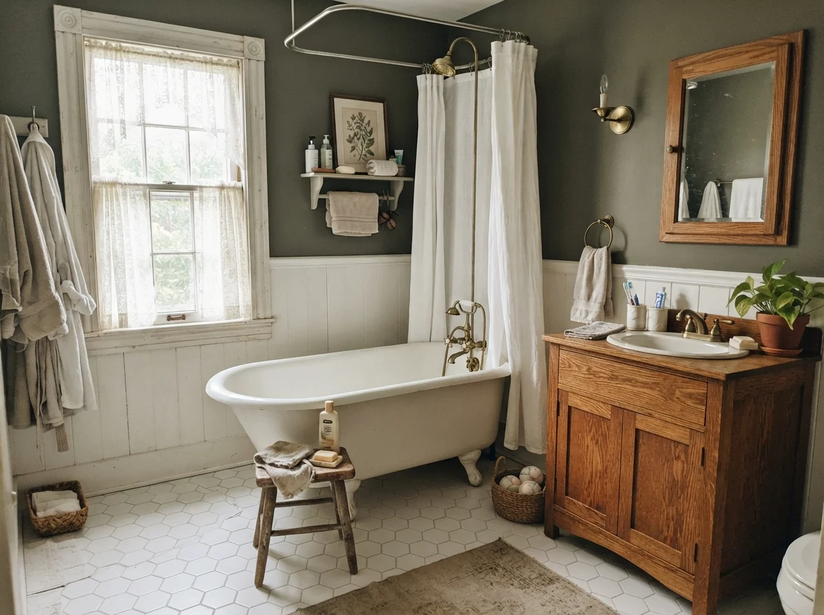 Cottage bathroom with white clawfoot tub and dark olive walls