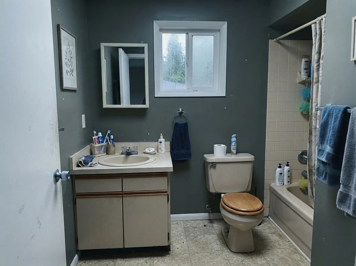 Cool north light on painted bathroom walls with beige vanity