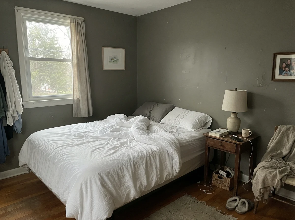 Bedroom with painted walls looking pale in cool early morning light