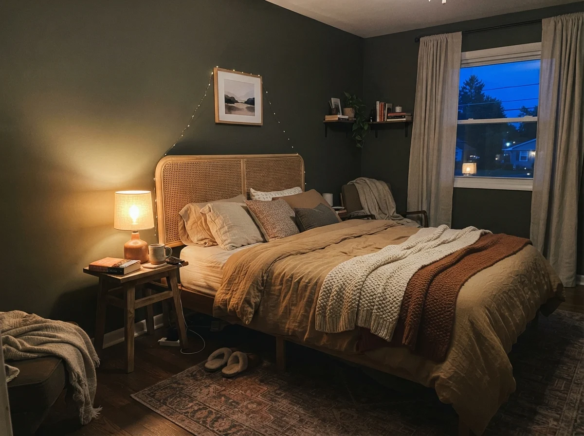 Bedroom wall warmed by a table lamp with cane headboard