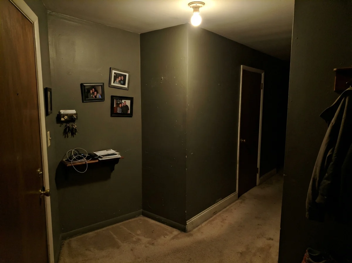Windowless dim hallway corner showing dark olive looking muddy and flat