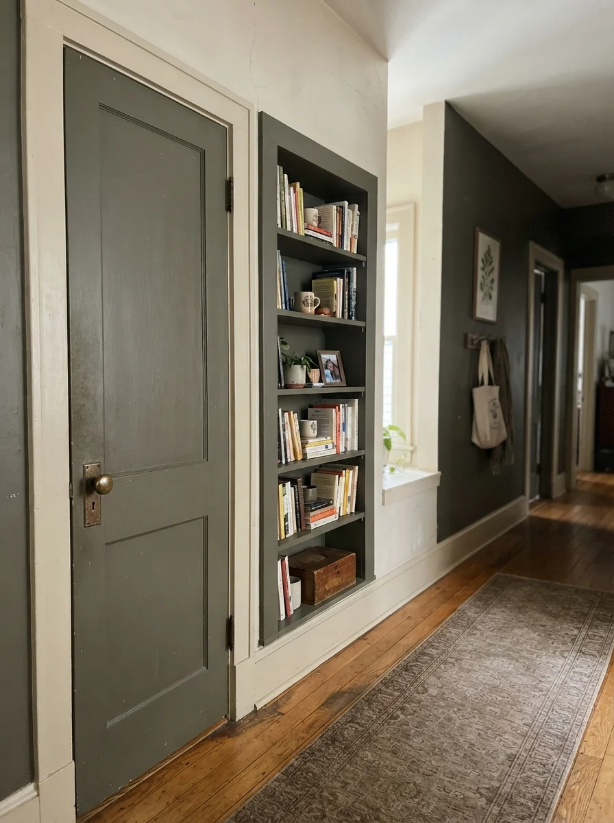 Hallway door and bookshelf painted dark olive against cream walls