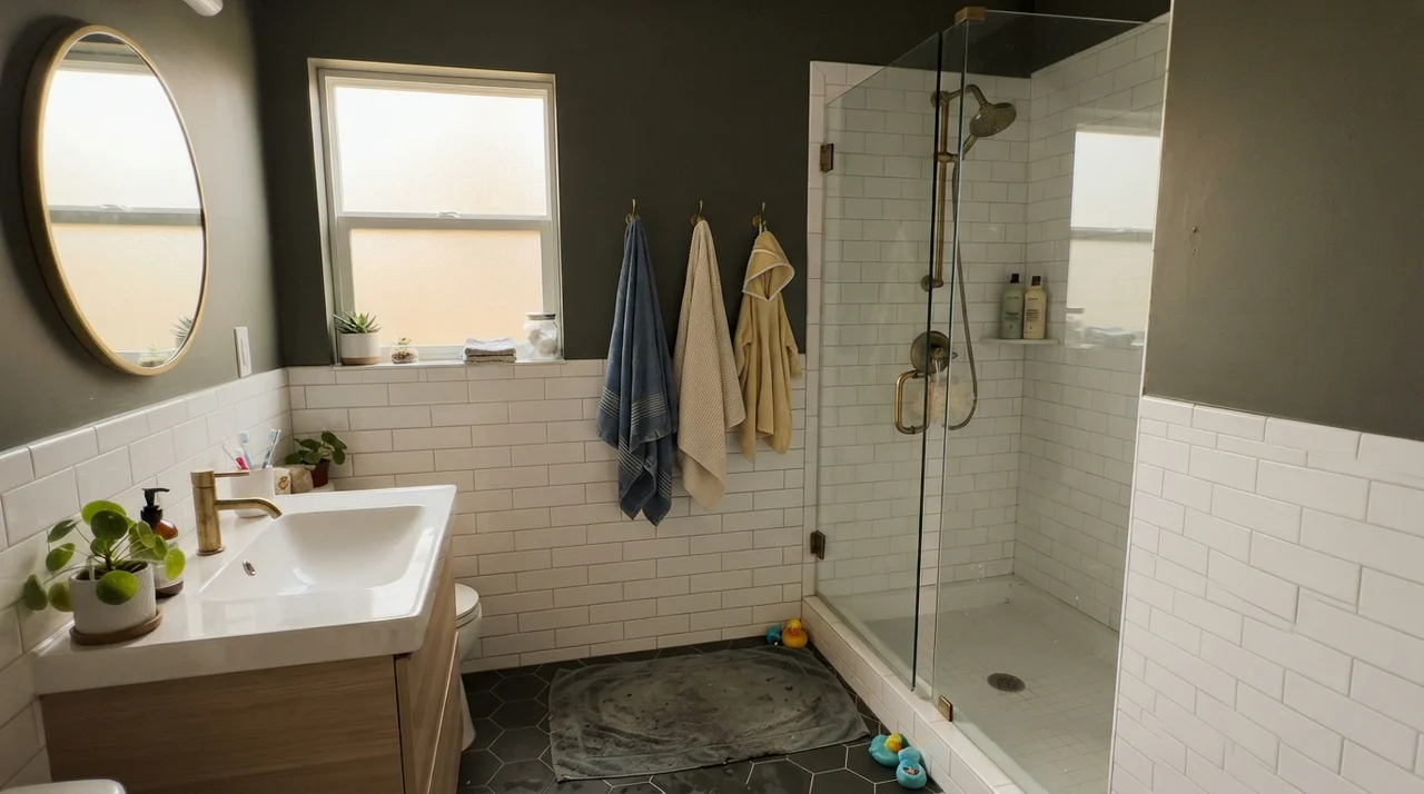 Bathroom upper walls painted dark olive over white subway tile wainscot with brass shower fixtures