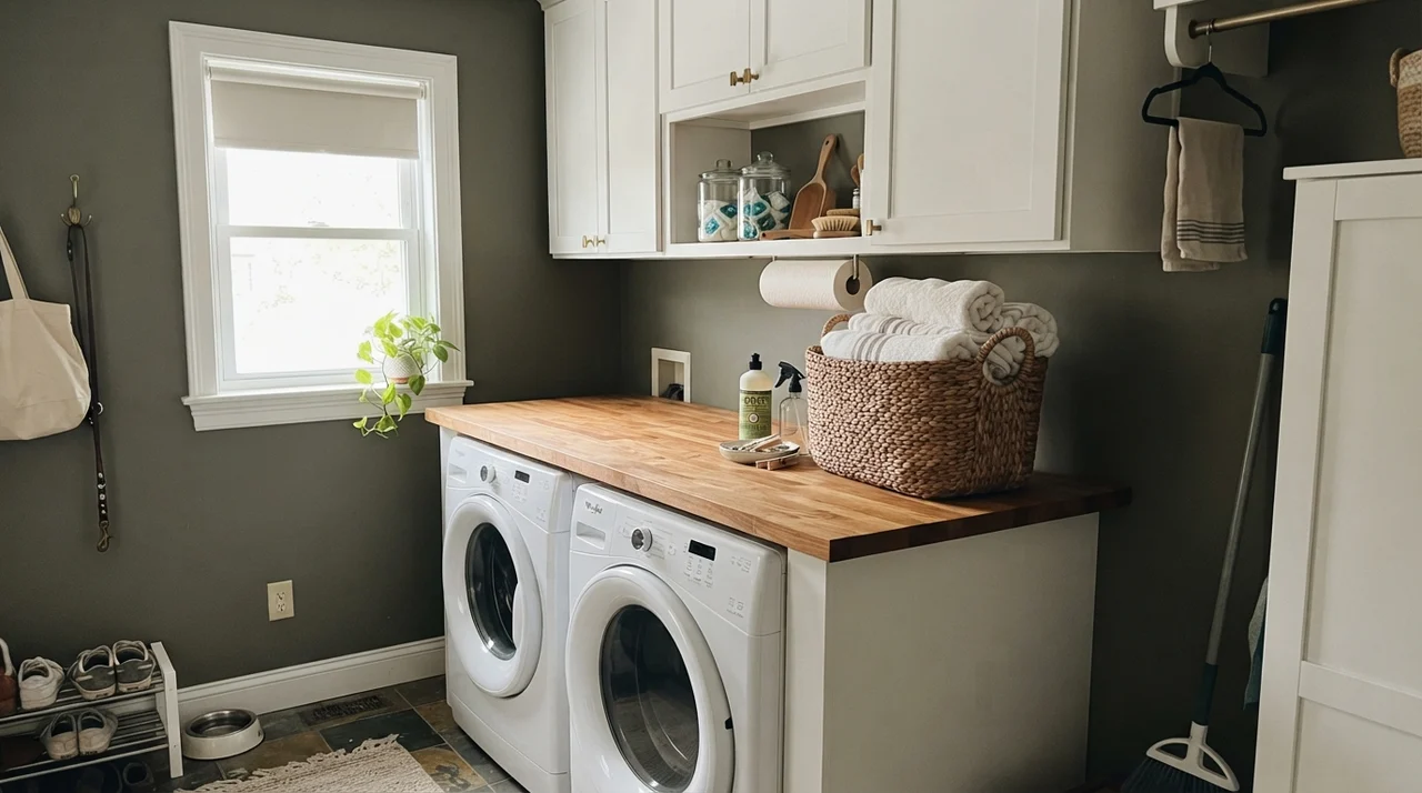 Bright laundry room with dark olive walls and white cabinets