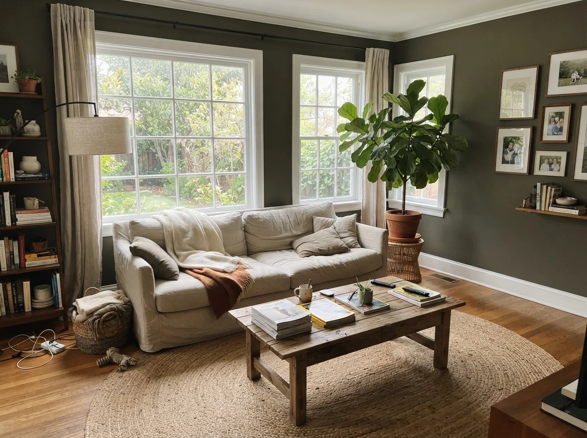 Sunlit living room with dark olive walls, linen sofa, and jute rug