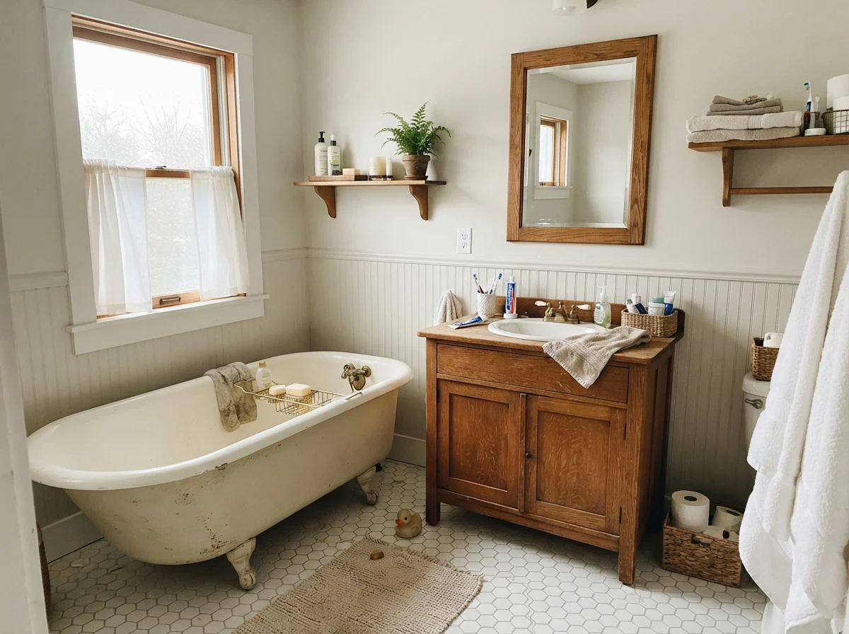 Cottage bathroom featuring a white clawfoot tub, hex tile floor, oak vanity, and painted off-white walls.