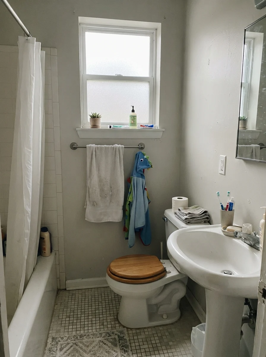 Small bathroom on a gray day showing painted walls with a subdued, slightly gray undertone.