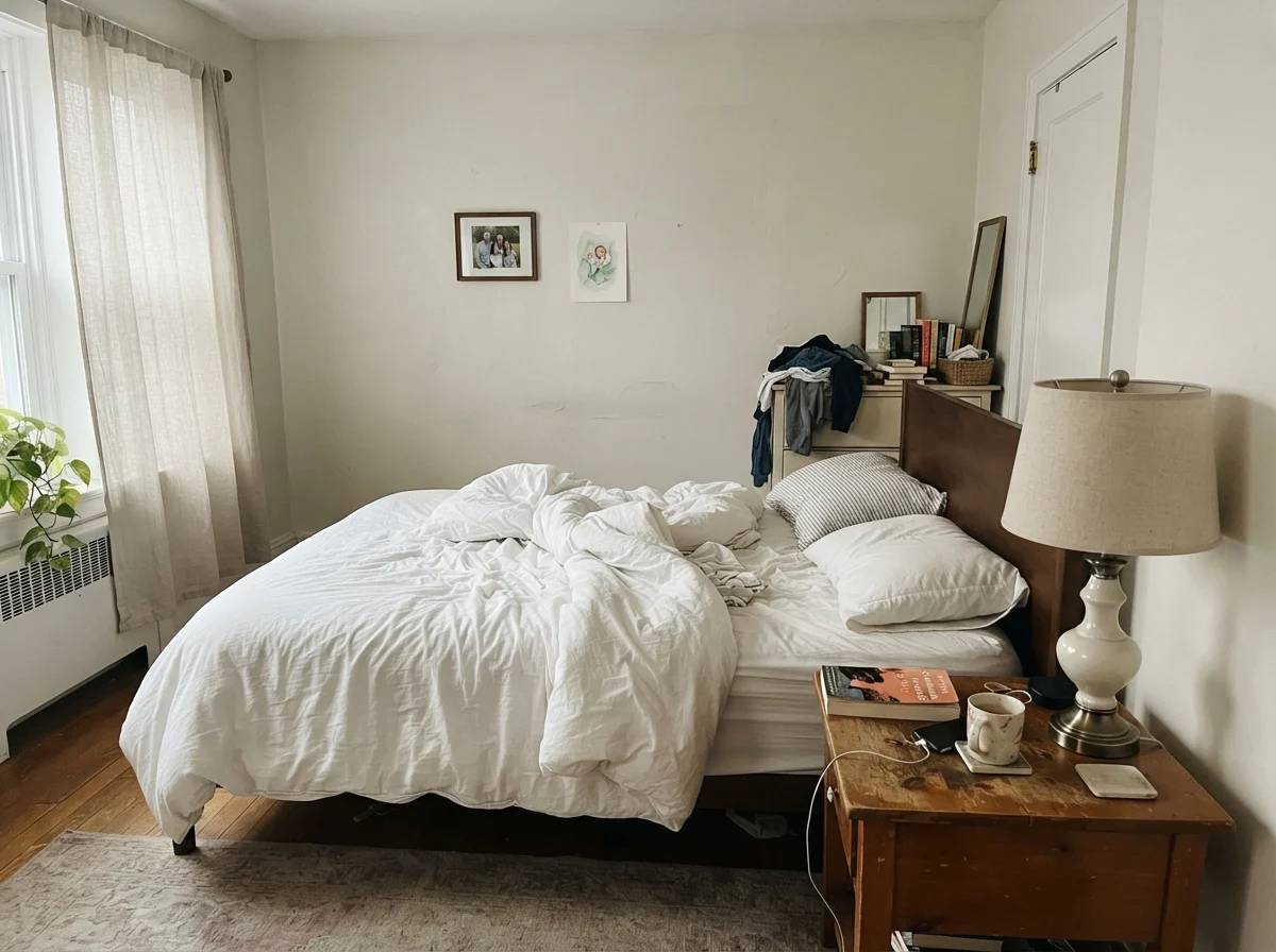 Simple bedroom in cool early morning light showing pale off-white walls behind an unmade bed.