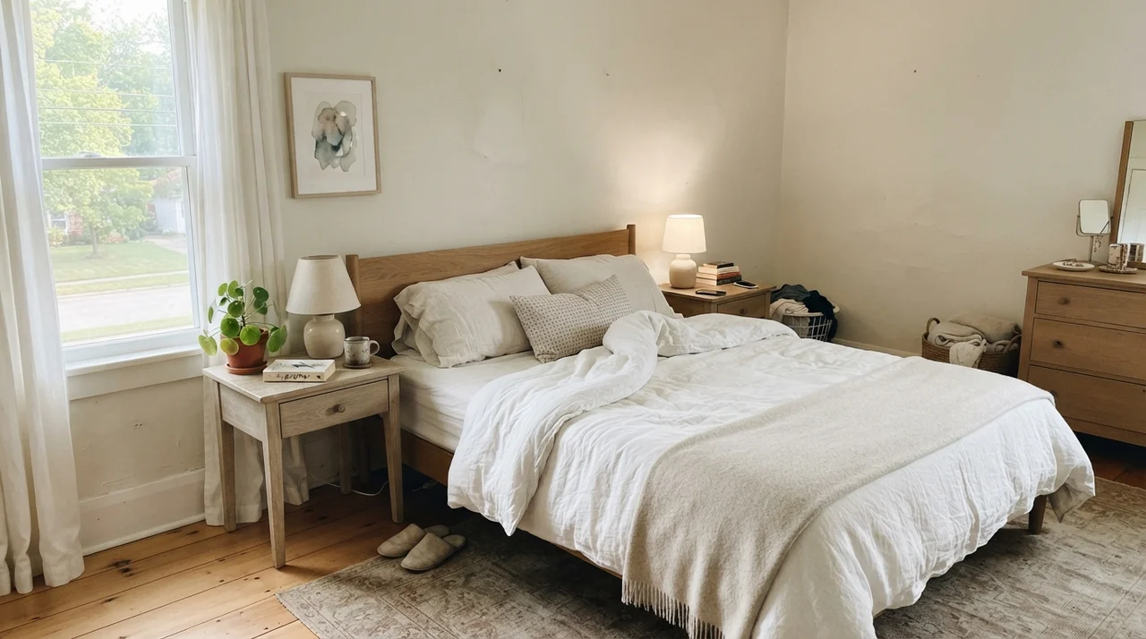 Serene primary bedroom with painted walls, pale oak nightstands, and crisp white bed linens.