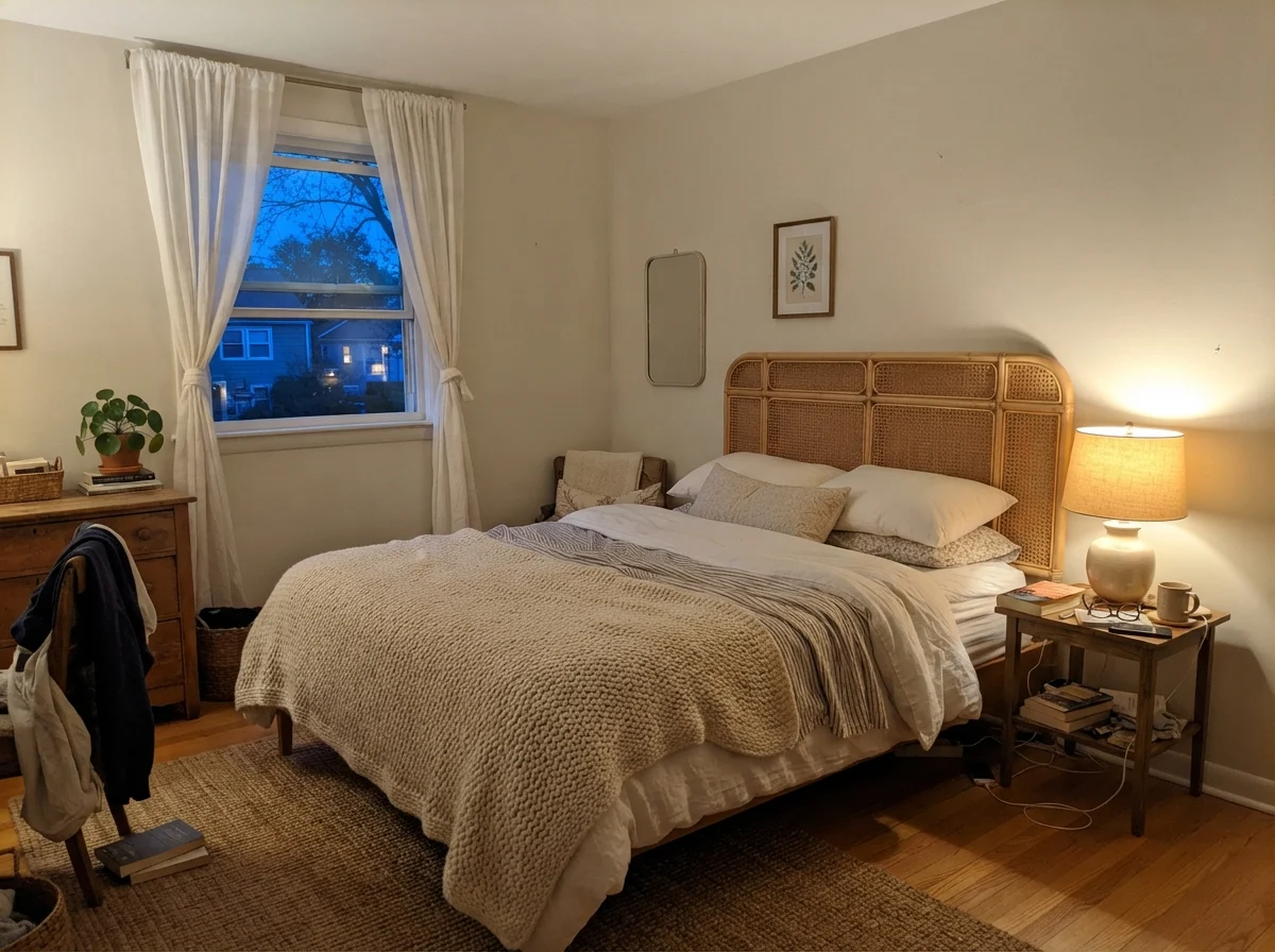 Bedroom at dusk with a warm table lamp glowing against Dove Wing walls and a cane headboard.
