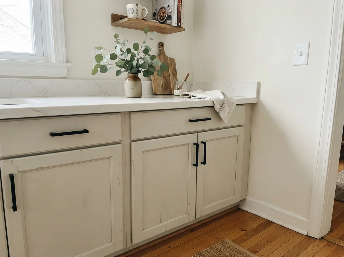 Close-up of painted shaker cabinet door with matte black handle and quartz countertop.