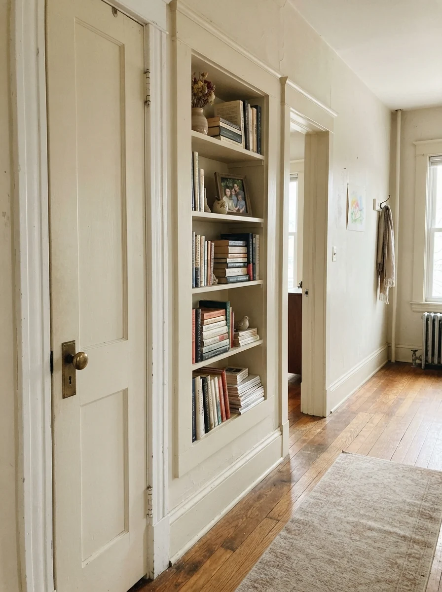 Interior hallway door and built-in bookcase painted warm off-white beside cream walls.