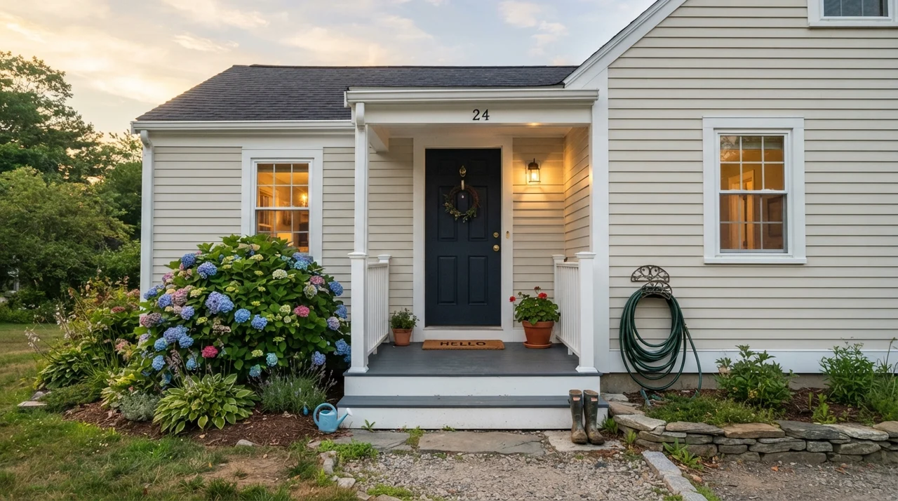 Exterior of house showing horizontal siding painted in off-white with white trim and navy door.