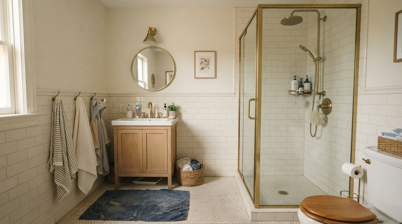 Family bathroom with upper walls painted warm off-white above white subway tile wainscot and brass fixtures.