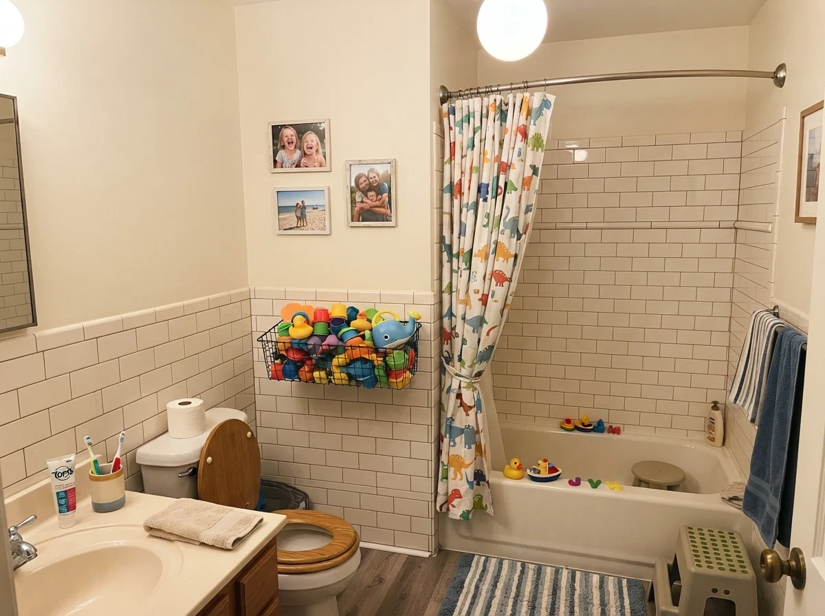 Kids' bathroom at night with warm lighting on painted walls over white subway tile and bath toys.