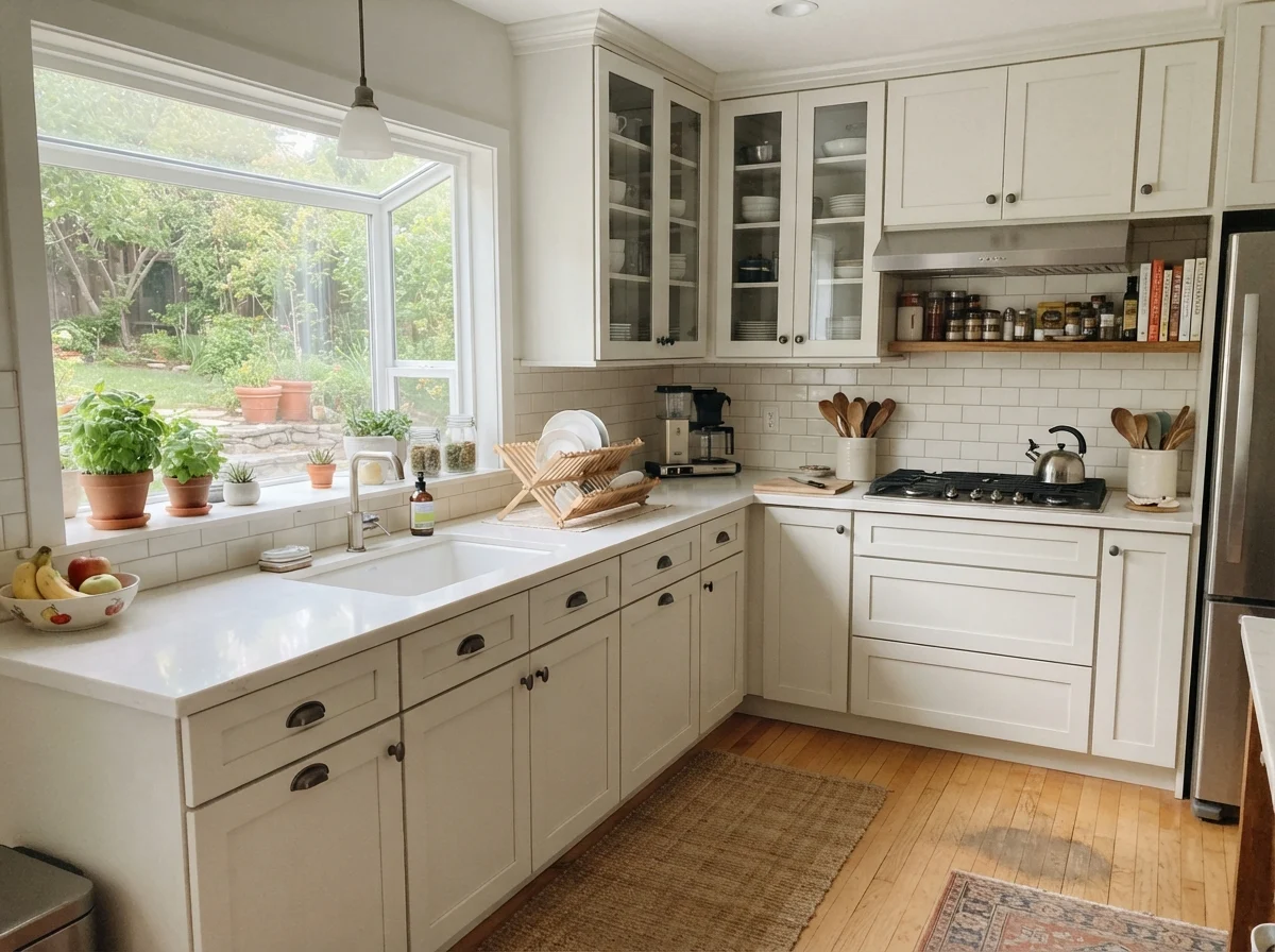 Kitchen shaker cabinets painted off-white paired with white counters, tile backsplash, and light oak floor.