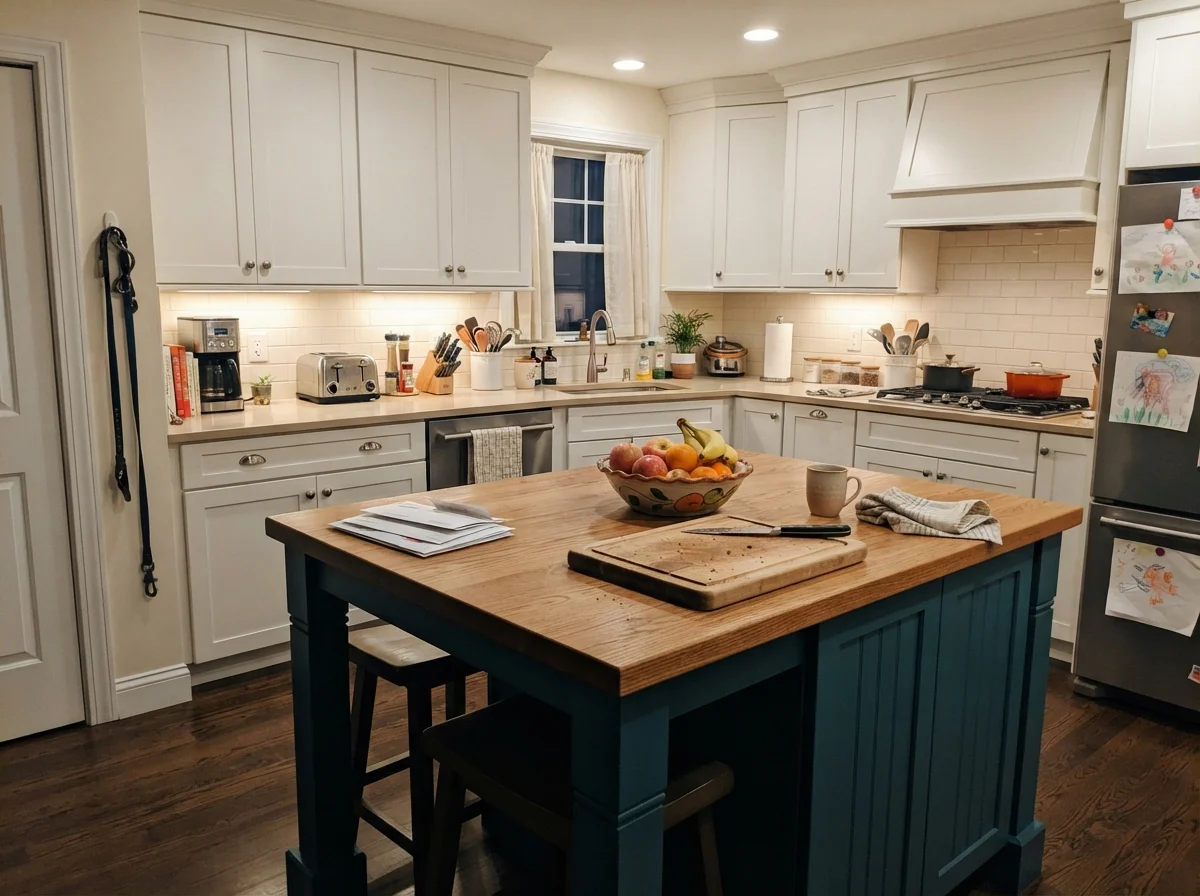 Kitchen island painted off-white under evening warm light surrounded by white cabinets and cream walls.