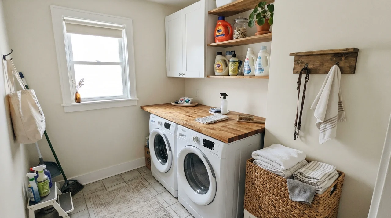 Bright laundry room with painted walls, butcher block counter over appliances, and white cabinets.