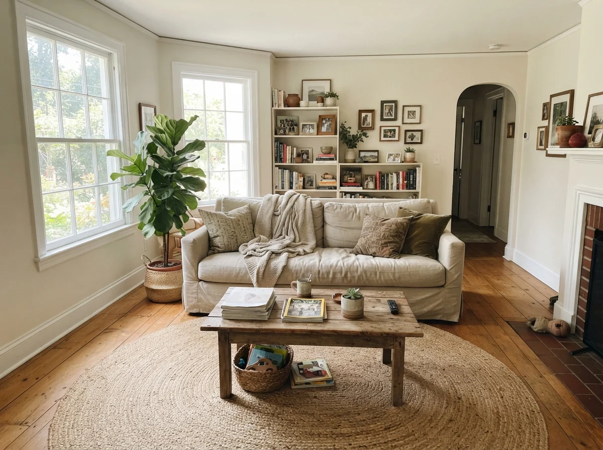 Bright living room with off-white walls, linen sofa, wooden coffee table, and jute rug.