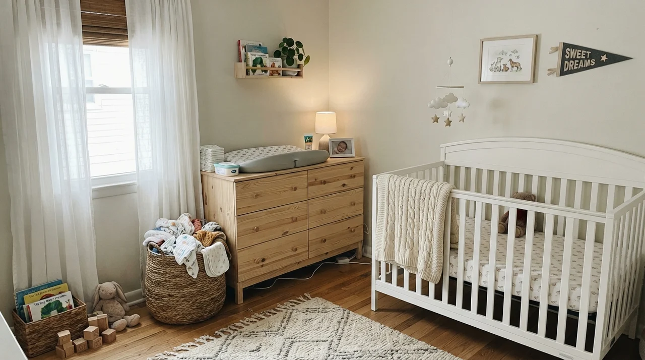 Nursery with gentle light on painted walls, white crib, and light wood dresser.