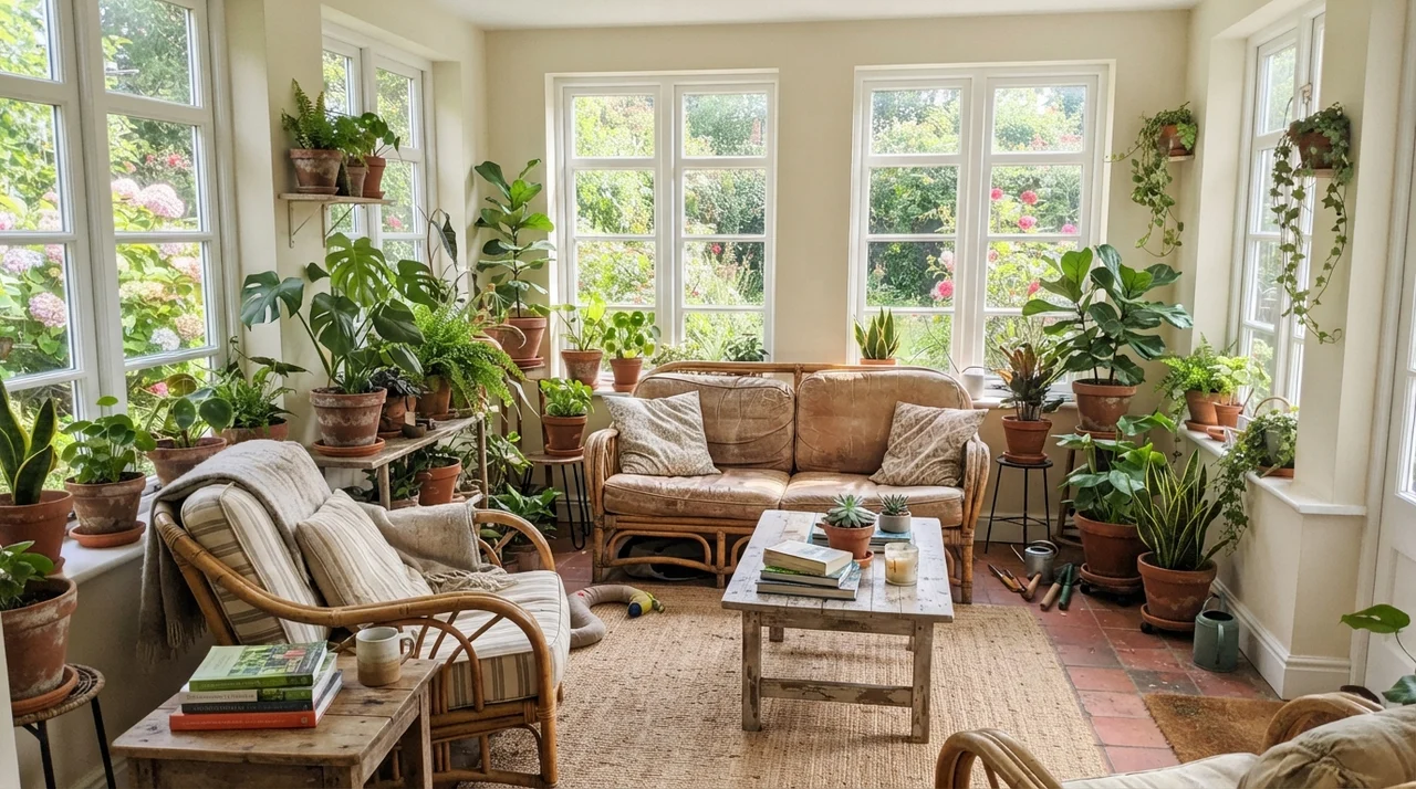 Sunroom with white-framed windows and painted off-white wall sections surrounded by plants and rattan furniture.