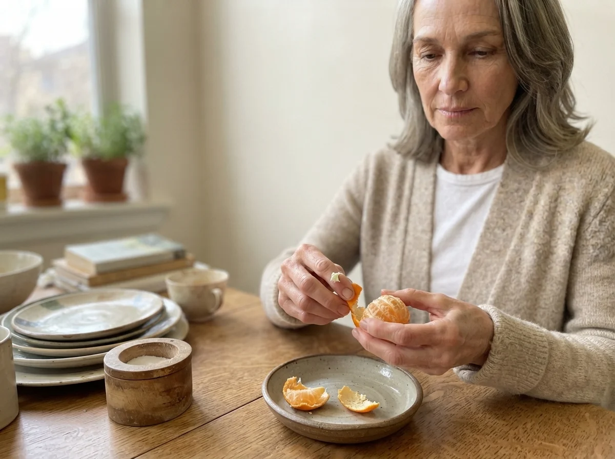 Susan Hartley at a wooden dining table peeling a clementine framed by soft Dove Wing walls.