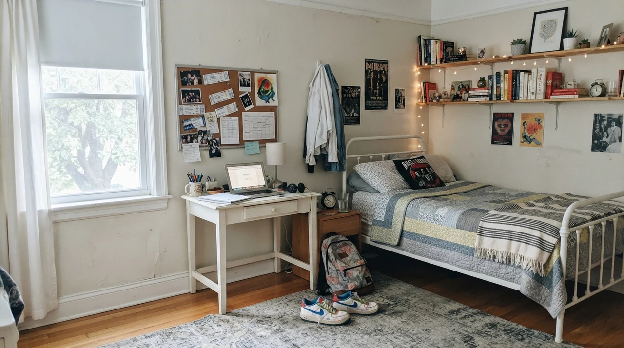 Teenager's bedroom with bright window light on off-white walls, metal bed, and study desk.