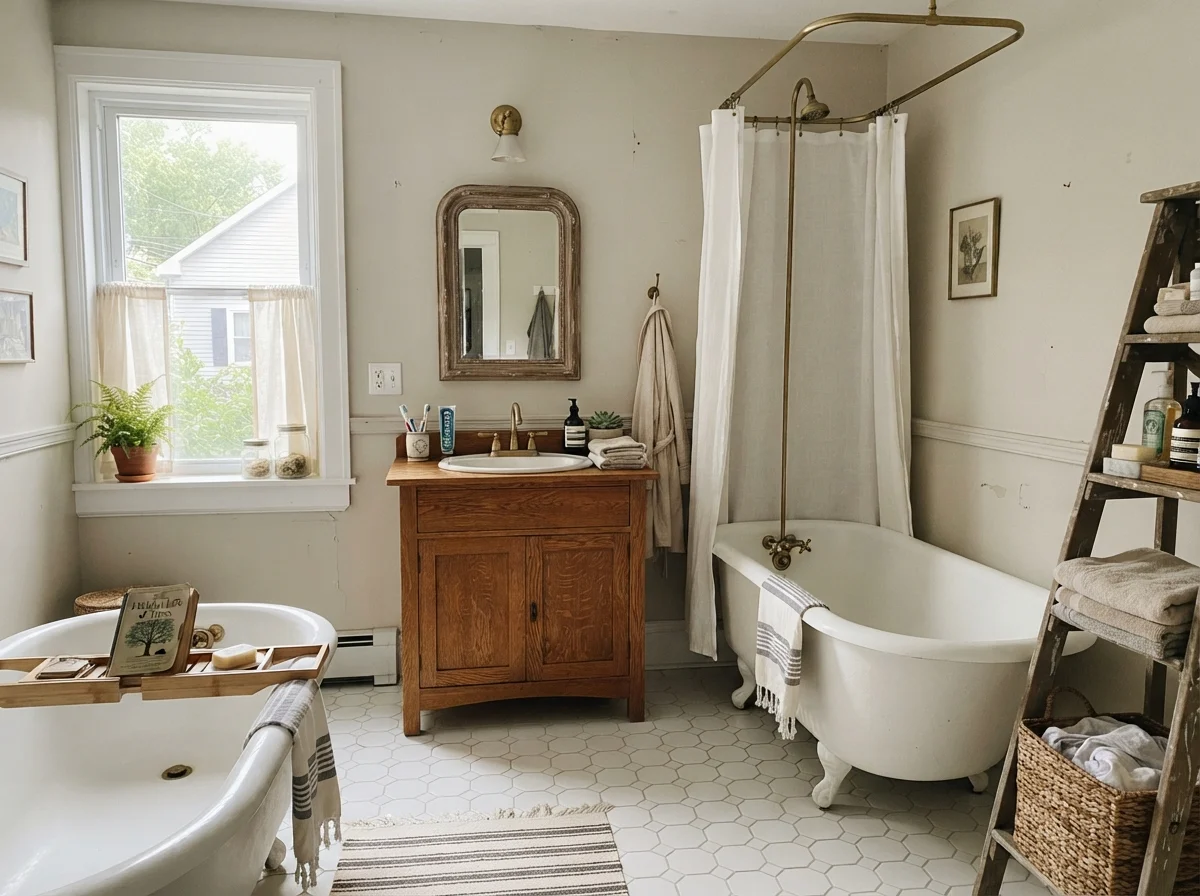 Cottage bathroom with white clawfoot tub, oak vanity, and Edgecomb Gray walls.