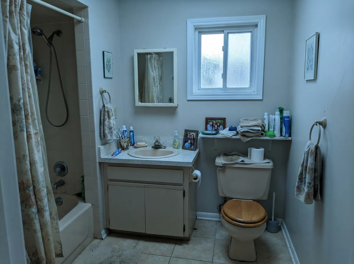 Modest dated bathroom with Edgecomb Gray picking up a cool cast from a small north window.