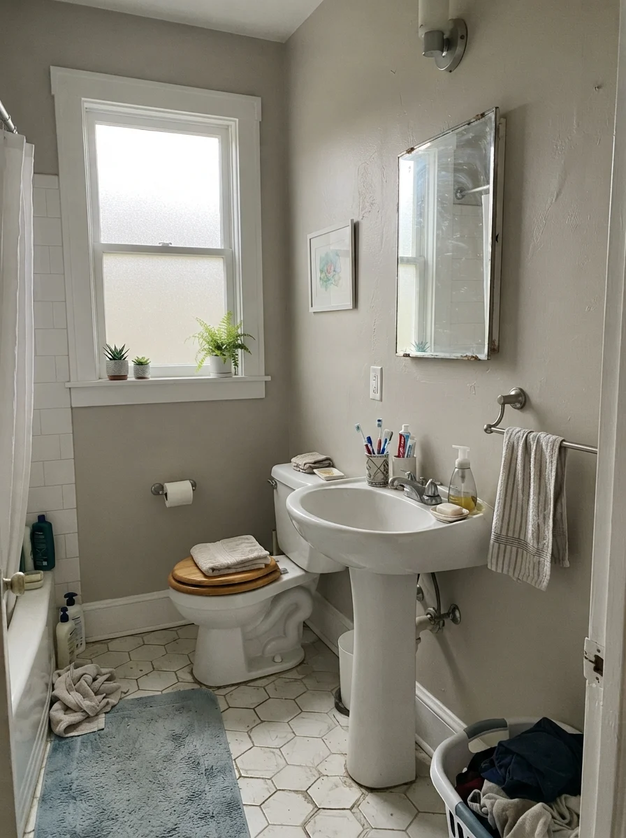 Small bathroom painted Edgecomb Gray under flat overcast daylight with white fixtures.