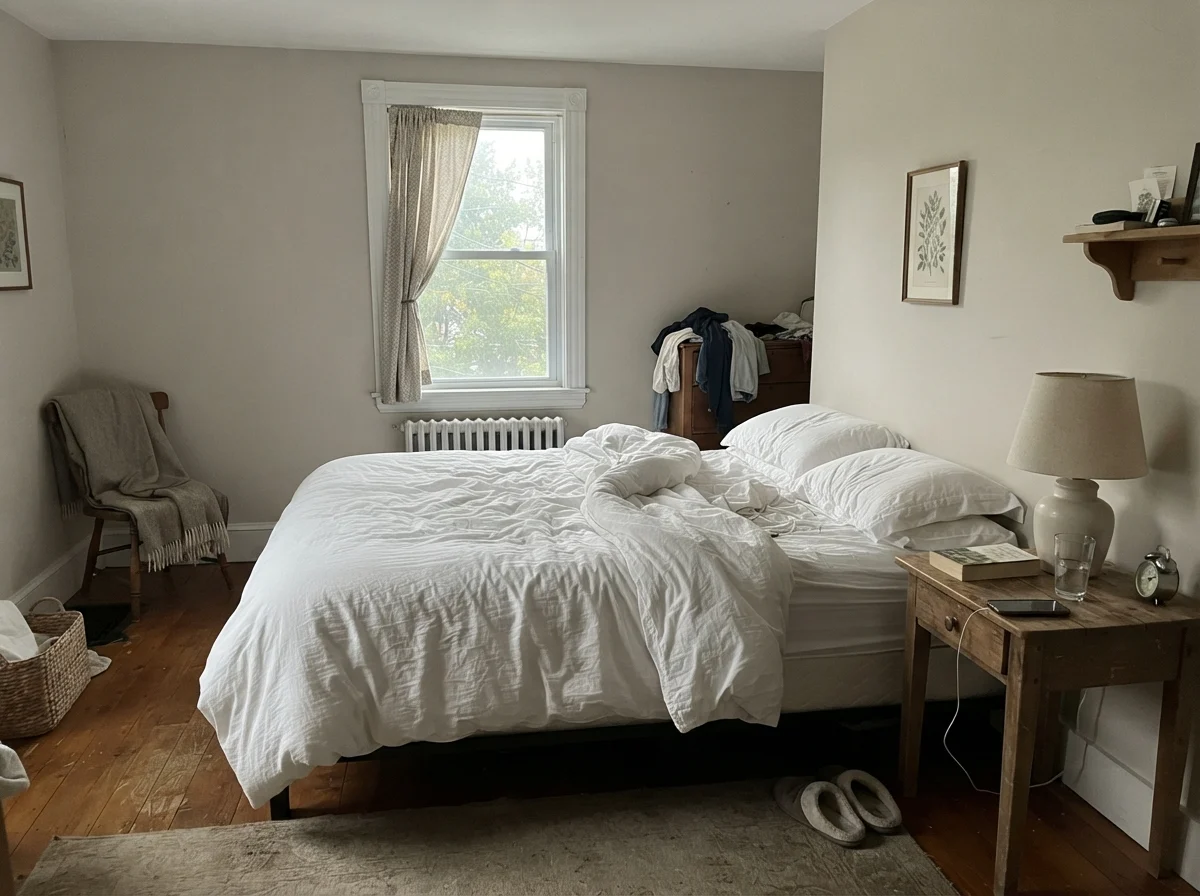 Morning light in a simple bedroom with pale Edgecomb Gray walls and unmade white bedding.