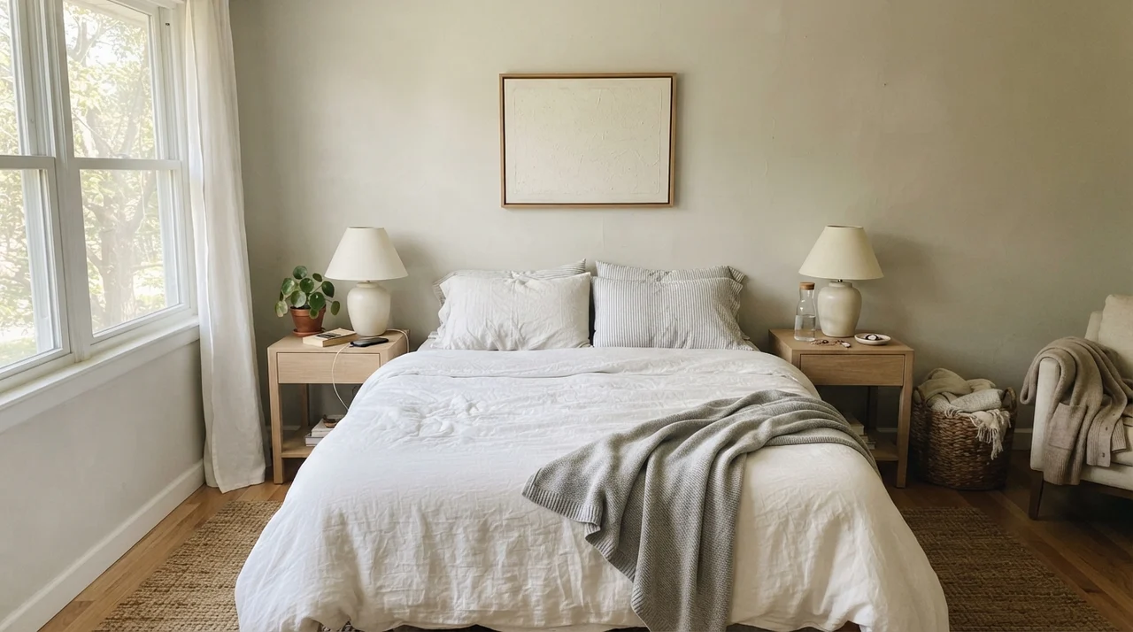 Serene main bedroom with Edgecomb Gray walls, white linen bedding, and pale oak nightstands.