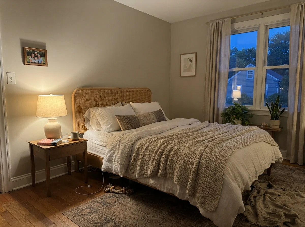 Warm evening lamp glow on Edgecomb Gray walls with a rattan headboard and blanket.