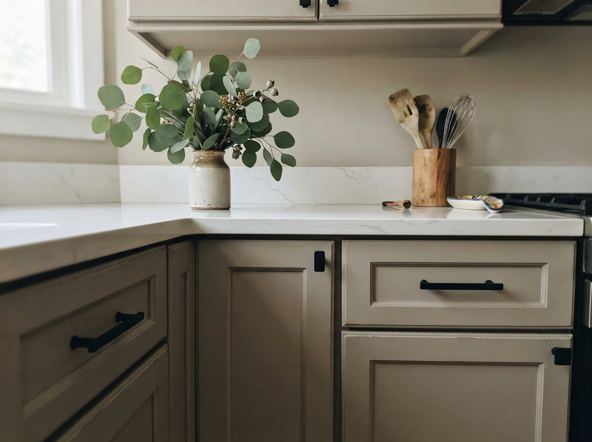 Close-up of Edgecomb Gray shaker cabinet fronts with matte black handles and quartz counters.