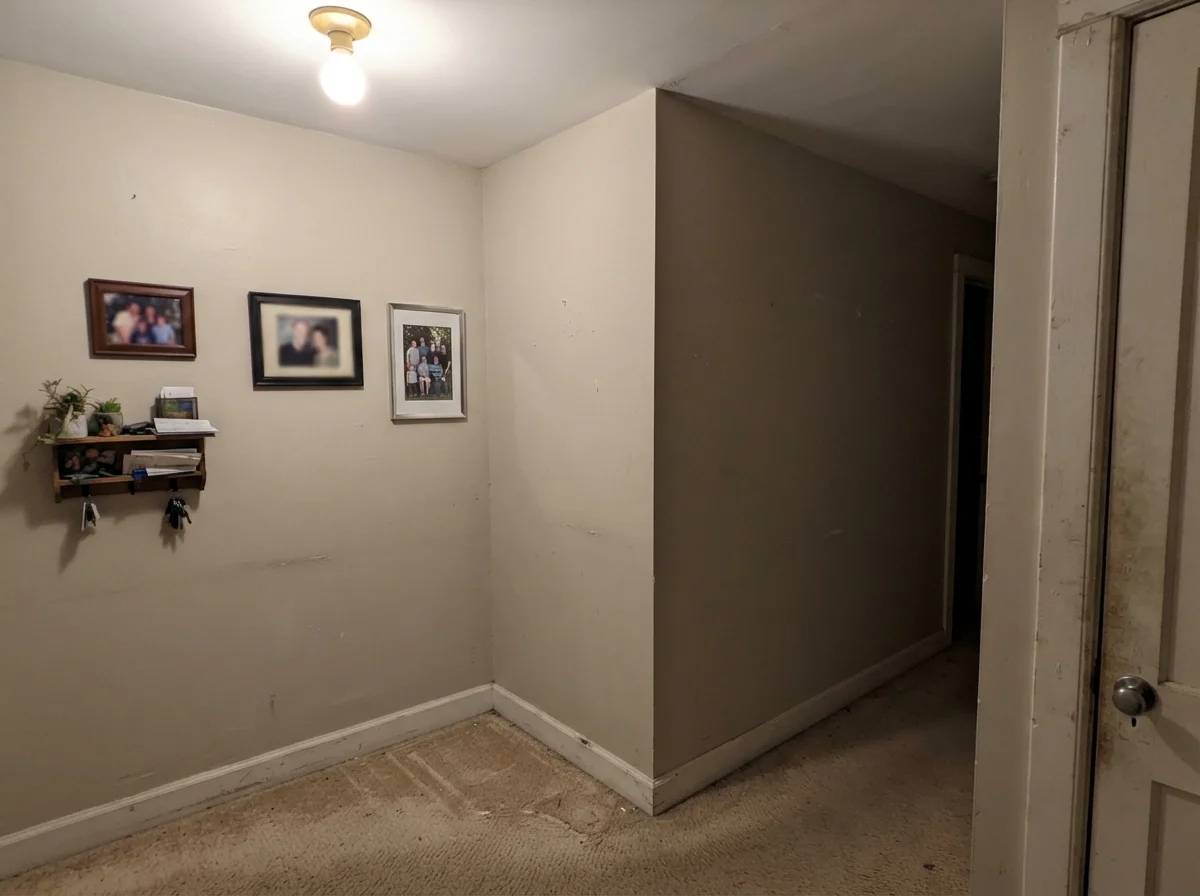 Dim windowless hallway corner with Edgecomb Gray looking muddy and dingy next to beige carpet.