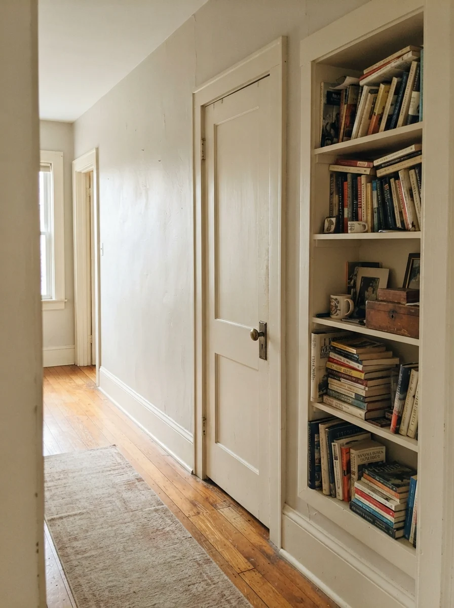 Hallway with a two-panel door and built-in bookshelf painted Edgecomb Gray against cream walls.