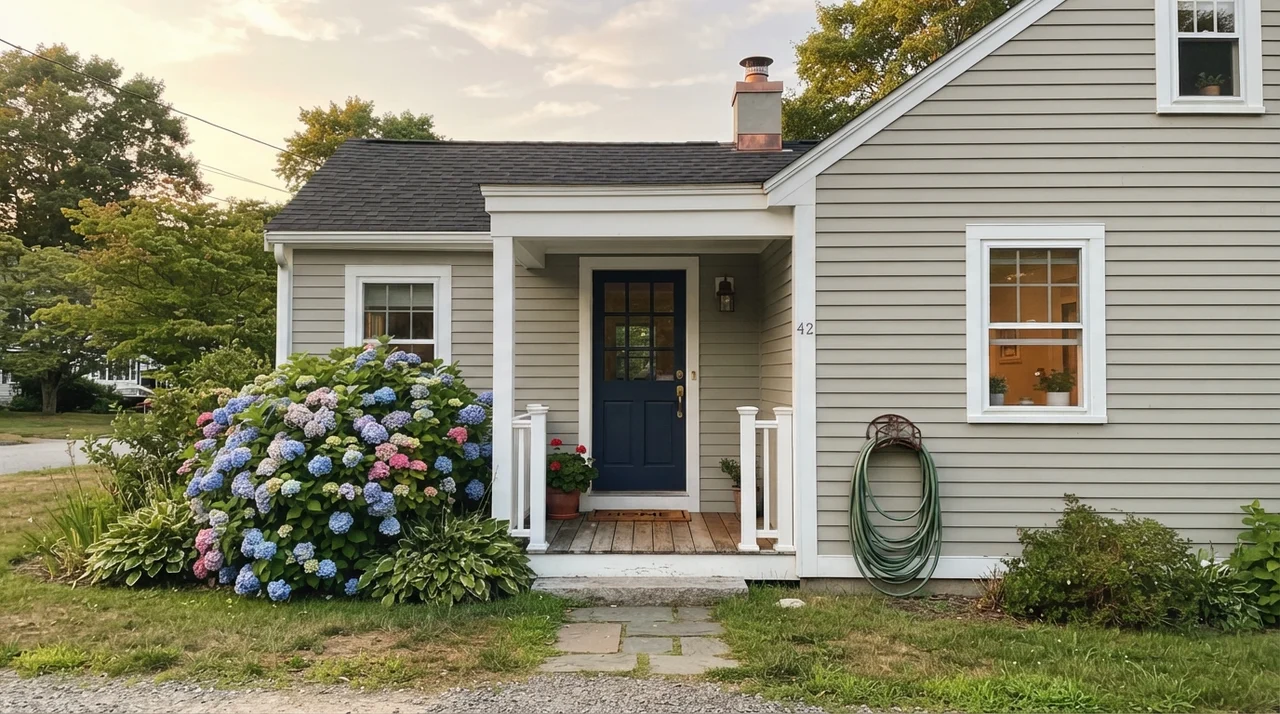 House exterior with horizontal siding painted Edgecomb Gray, white trim, and a dark navy front door.