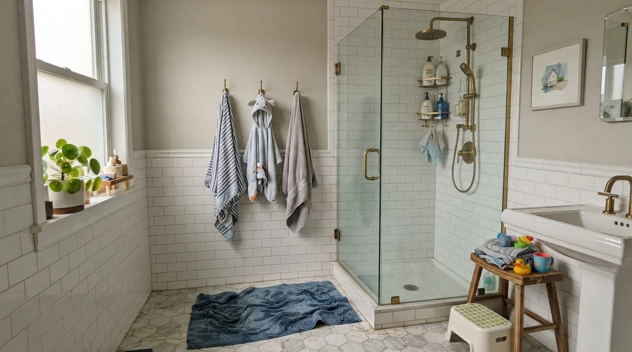 Family bathroom with Edgecomb Gray upper walls above white subway tile wainscot and brass fixtures.