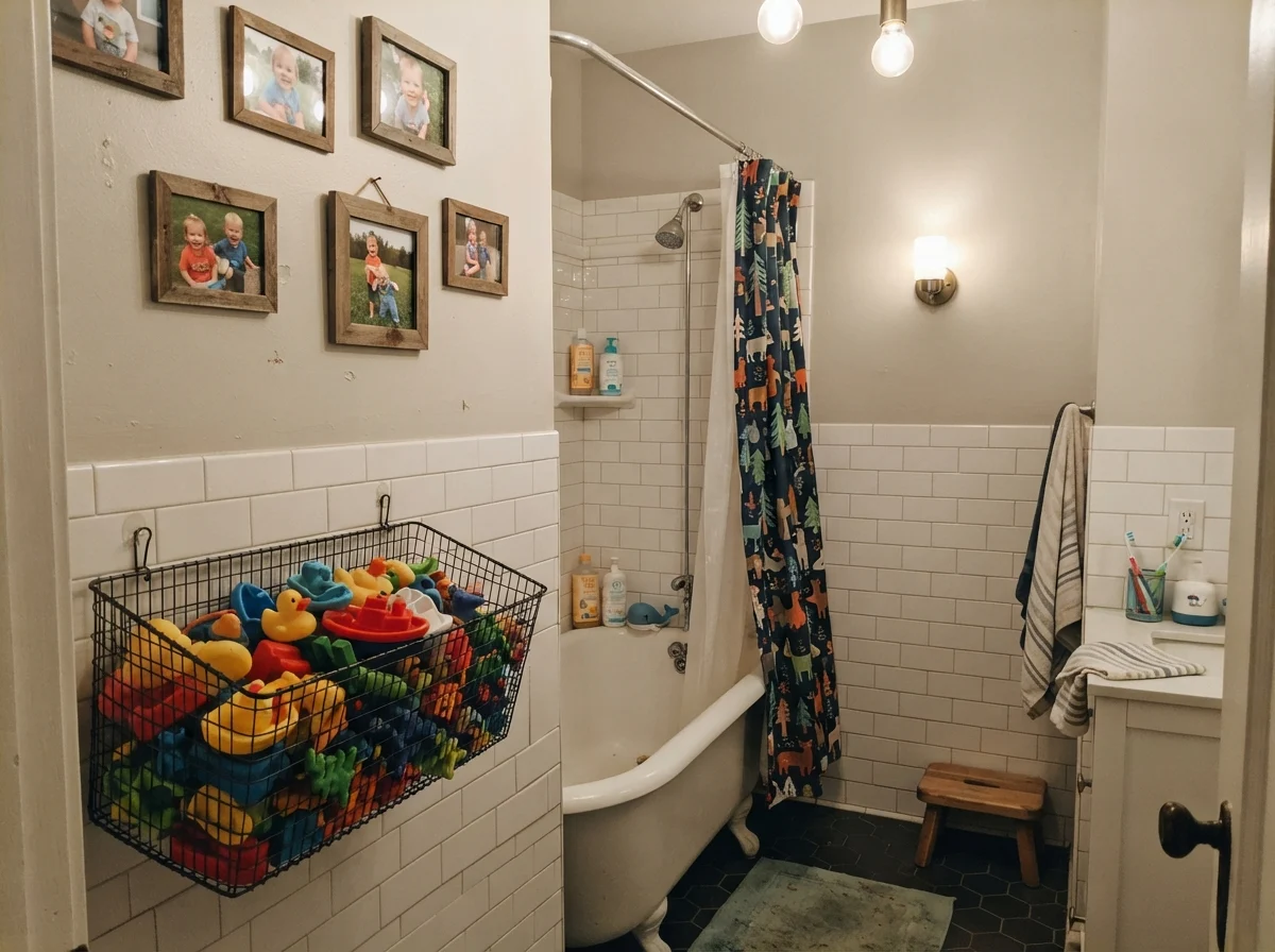 Kids' bathroom with Edgecomb Gray upper walls over white subway tile.