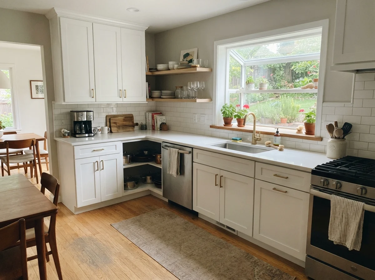Kitchen shaker cabinets painted in Edgecomb Gray with white subway backsplash and oak floors.