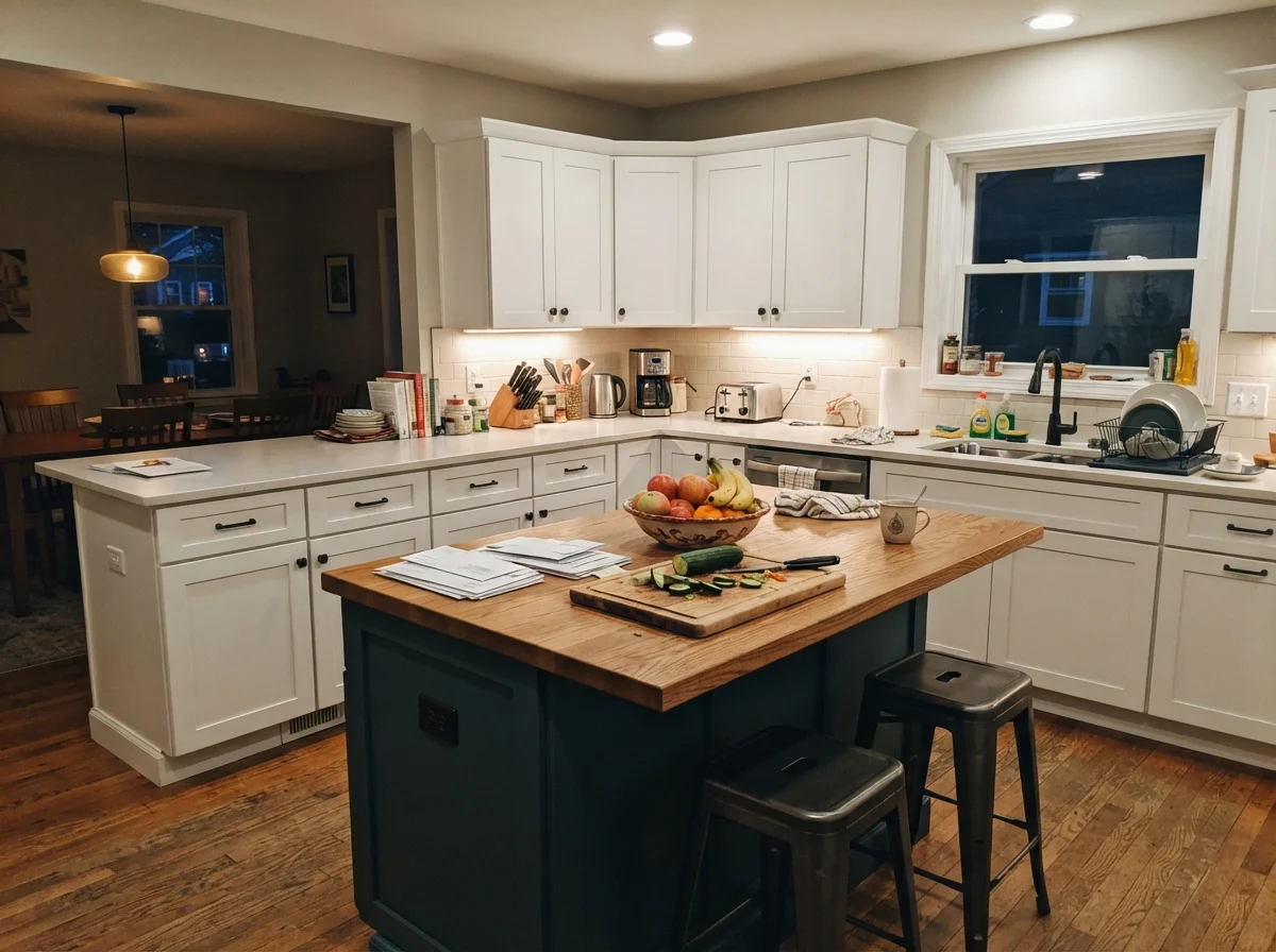 Family kitchen with an Edgecomb Gray painted island, white surrounding cabinets, and cream walls.