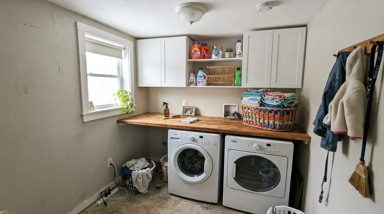Bright laundry room with Edgecomb Gray walls, white cabinets, and butcher-block counter.