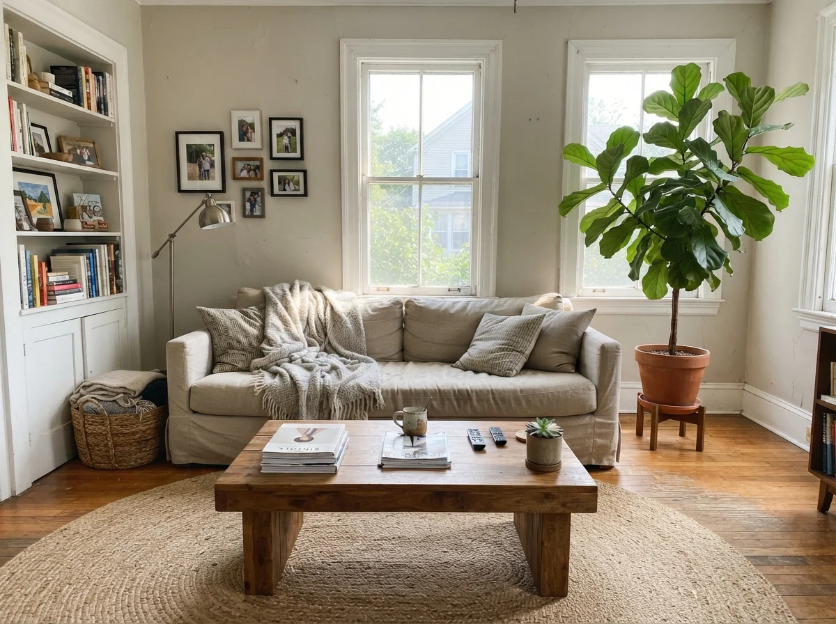 Living room with Edgecomb Gray walls, linen sofa, wood coffee table, and jute rug.