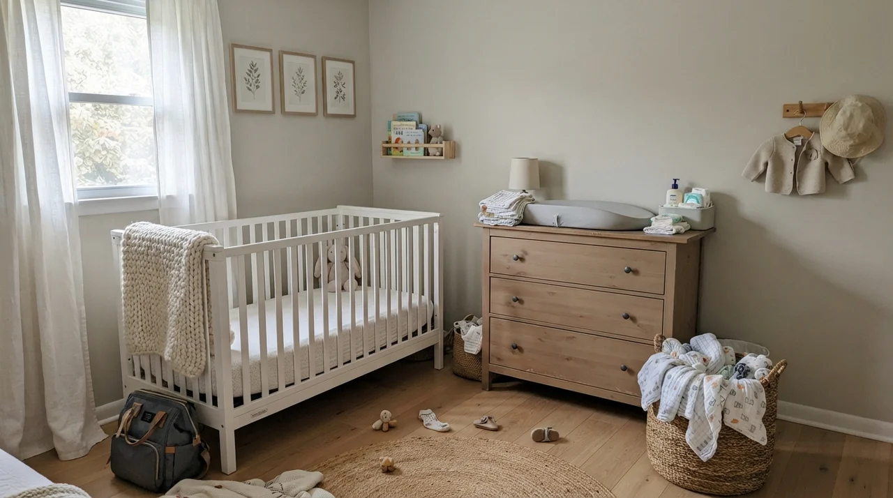 Nursery painted in Edgecomb Gray with white crib and light-wood dresser.