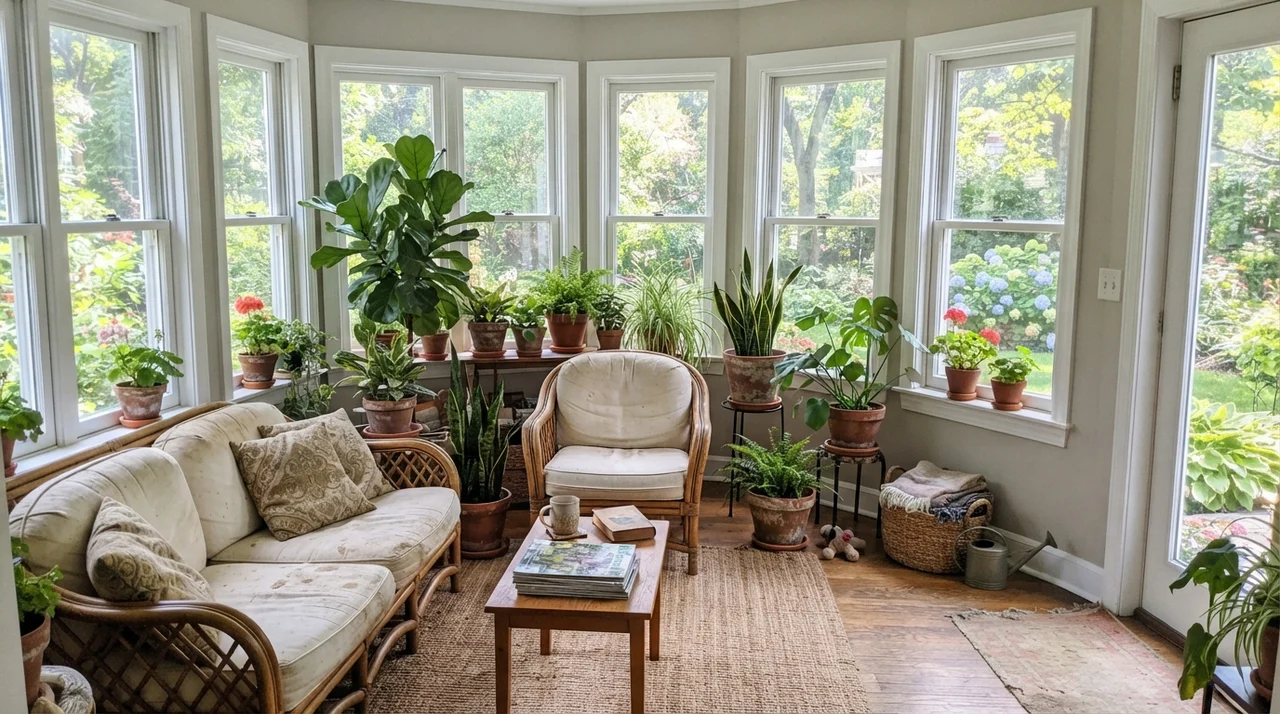 Bright sunroom with Edgecomb Gray walls between white-framed windows and potted plants.