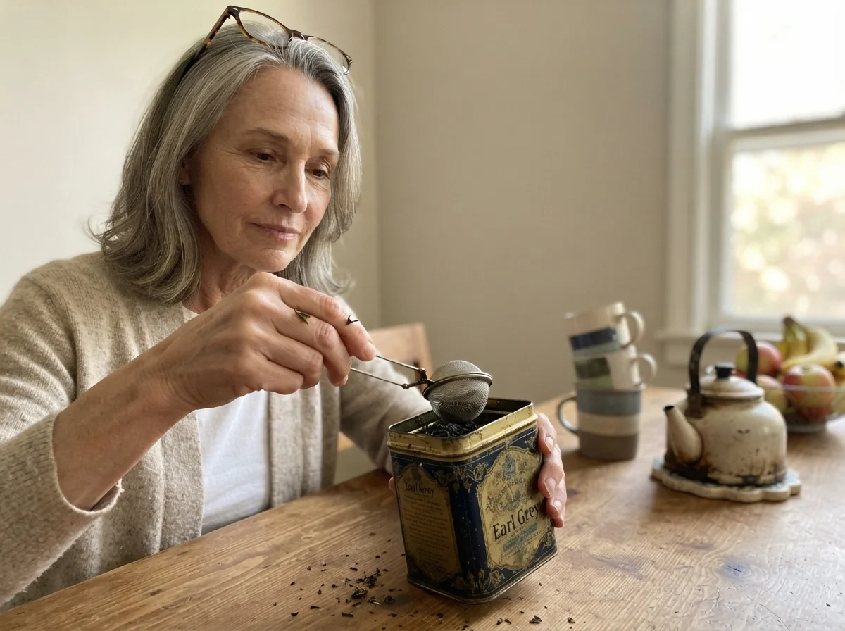 Susan Hartley at her dining table scooping tea leaves with Edgecomb Gray walls behind her.