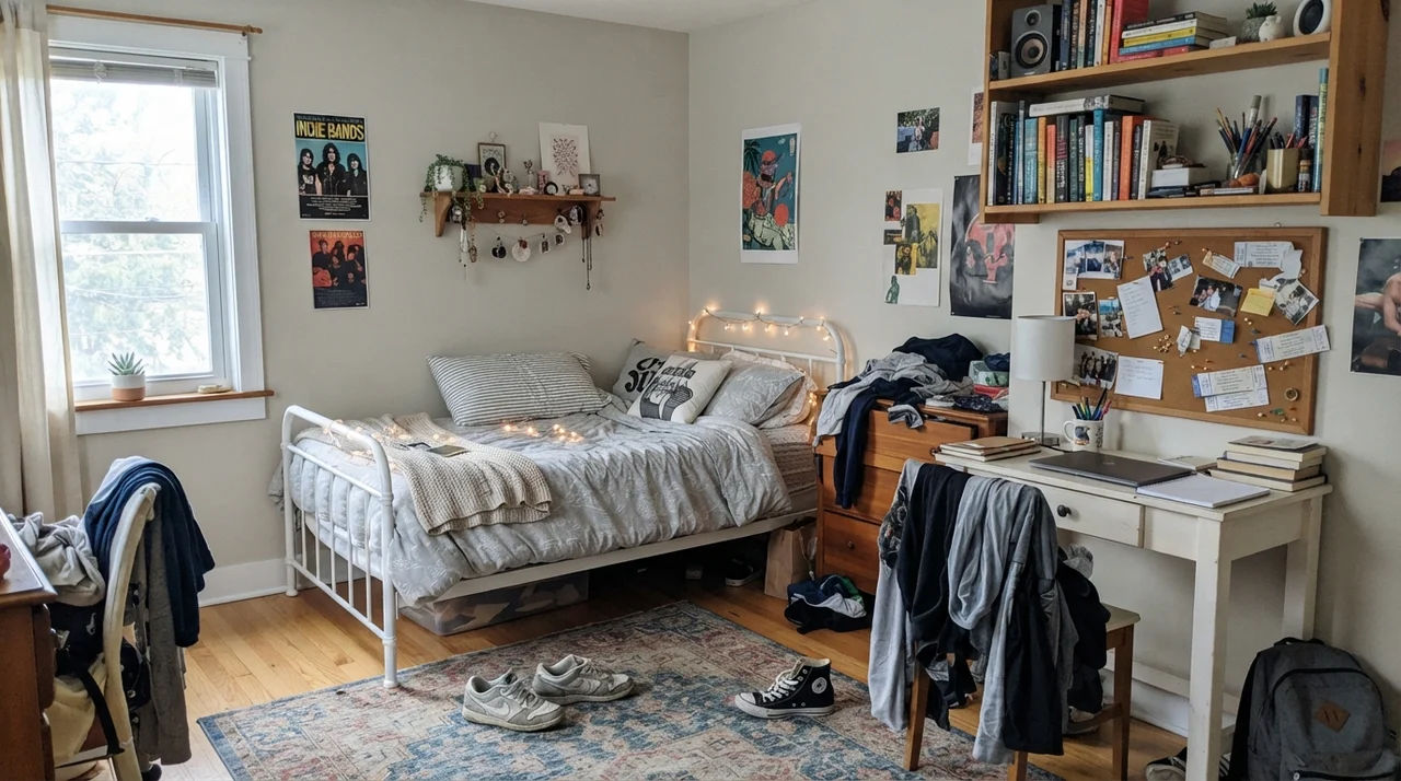 Teenager's bedroom with Edgecomb Gray walls, white metal bed frame, and small white desk.